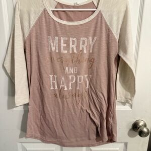 Maurices Pink and Cream 3/4 Length Sleeve Christmas Top
